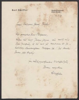 Brief von Karl Scheffler an Georg Kolbe