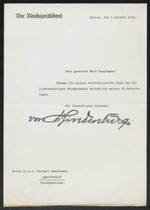 Brief von Paul von Hindenburg an Gerhart Hauptmann
