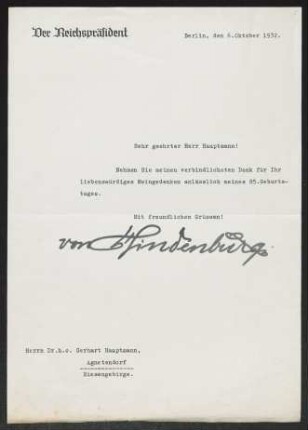 Brief von Paul von Hindenburg an Gerhart Hauptmann