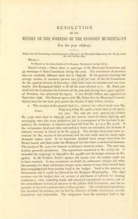 Resolution on the report on the working of the Rangoon municipality for the year 1896-97