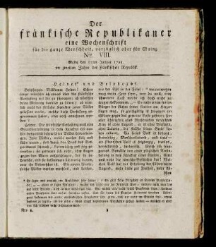 Nro. VIII. Mainz den 11ten Januar 1793. im zweiten Jahre der fränkischen Republik.