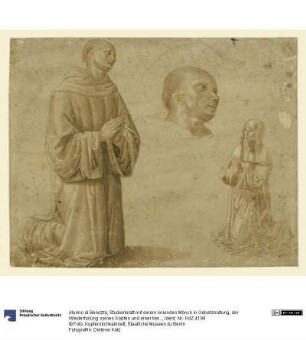 Studienblatt mit einem knienden Mönch in Gebetshaltung, der Wiederholung seines Kopfes und einer betenden Frau (teilweise nach Perugino)