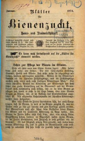 Blätter für Bienenzucht, Haus- und Landwirtschaft : Organ und Eigentum des Kreis-Bienenzüchter-Vereins von Schwaben und Neuburg. 1. 1874