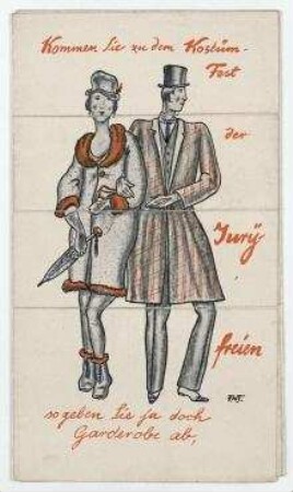 Kostümfest der Juryfreien "Urwaldmärchen". Berlin. Einladung zum Kostümfest der Juryfreien mit dem Titel Urwaldmärchen, 4. Februar 1928, in der Philharmonie.