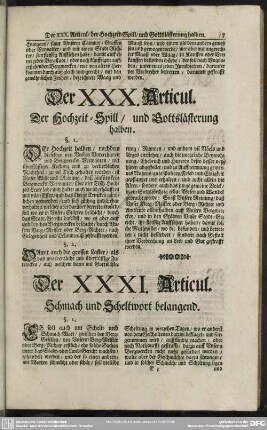 Der XXX. Articul. Der Hochzeit-Spill, und Gottslästerung halben