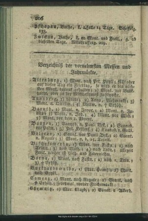 Verzeichniß der vornehmsten Messen und Jahrmärkte