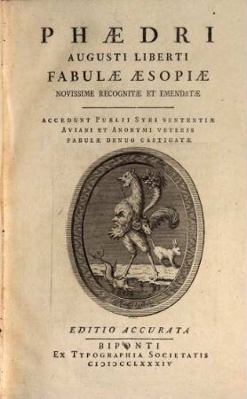 Phædri Augusti Liberti Fabulæ Æsopiæ : Novissime Recognitæ Et Emendatæ