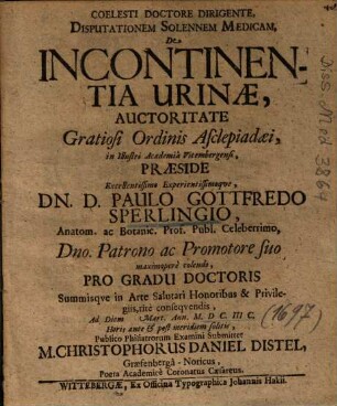 Disputationem Solennem Medicam, De Incontinentia Urinae