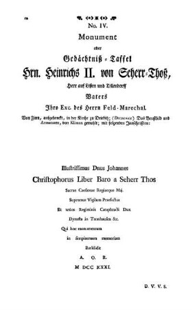 No. IV. Monument oder Gedächtniß-Taffel Hrn. Heinrichs II. von Seherr-Thoß, [...]