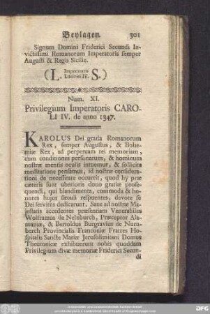Num. XI. Privilegium Imperatoris Caroli VI. de anno 1347.