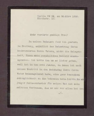 Schreiben von Heinrich Brüning an Elisabeth Rosset, Kondolenzbrief zum Tod von Constantin Fehrenbach