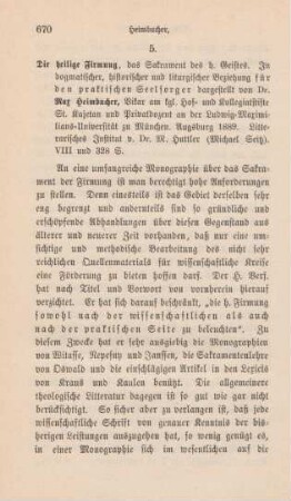 670-674 [Rezension] Heimbucher, Max, Die heilige Firmung, das Sakrament des hleigen Geistes
