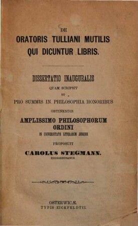 De Oratoris Tulliani mutilis qui dicuntur libris