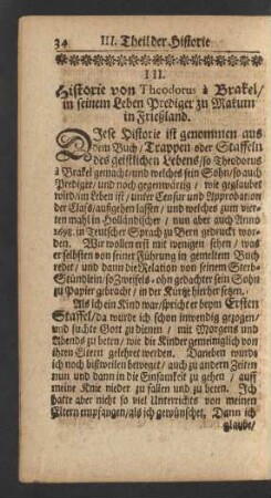 III. Historie von Theodorus à Brakel / in seinem Leben Prediger zu Makum in Frießland