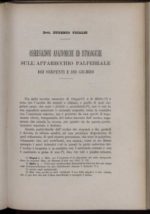 Osservazioni Anatomiche Ed Istologiche Sull' Apparecchio Palpebrale Dei Serpenti E Dei Gechidi