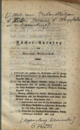 Bücher-Catalog der Vereins-Bibliothek, [1]. [Nr. 1 - 470]