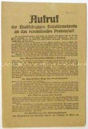 Flugblatt der USPD zur politischen Situation in Deutschland Anfang 1919 und Aufruf zum Beitritt