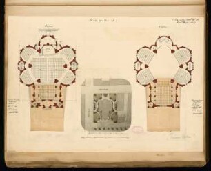 Evangelische Kirche, Neuwied Monatskonkurrenz September 1880: Lageplan, Grundriss (mit je einer weiteren Variante auf aufgeklebtem Karton) Erdgeschoss, Emporengeschoss; 2 Maßstabsleisten
