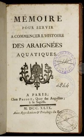 Mémoire Pour Servir A Commencer L'Histoire Des Araignées Aquatiques
