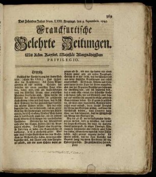 Num. LXXI. Freytags, den 3. Septembris. 1745 - Num. LXXX. Dienstags, den 5. Octobris. 1745
