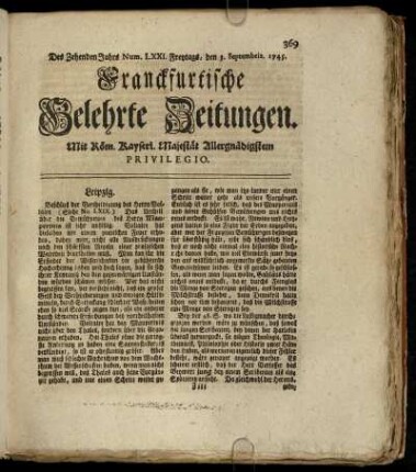 Num. LXXI. Freytags, den 3. Septembris. 1745 - Num. LXXX. Dienstags, den 5. Octobris. 1745