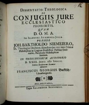 Dissertatio Theologica De Conjugiis Jure Ecclesiastico Prohibitis