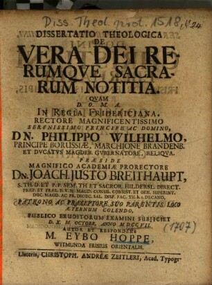 Dissertatio Theologica De Vera Dei Rerumqve Sacrarum Notitia
