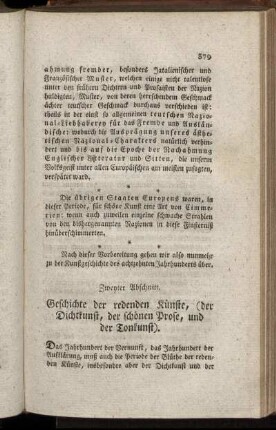 Zweyter Abschnitt. Geschichte der redenden Künste, (der Dichtkunst, der schönen Prose, und der Tonkunst).