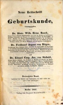 Neue Zeitschrift für Geburtskunde. 30,3, 30,3. 1851