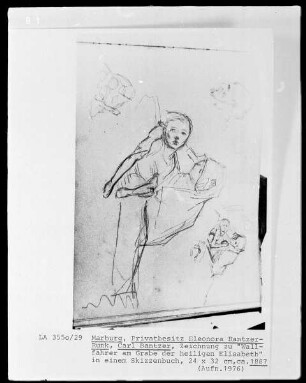 Zeichnung in einem Skizzenbuch: Wallfahrer (Studie zu "Wallfahrer am Grabe der heiligen Elisabeth")