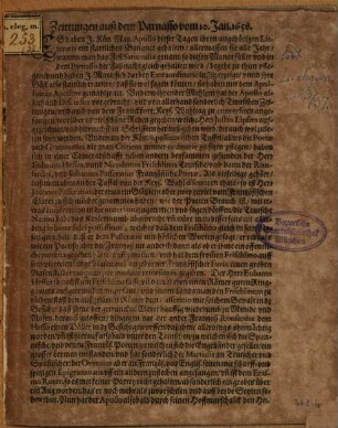 Zeittungen auß dem Parnasso vom 10. Jan. 1658