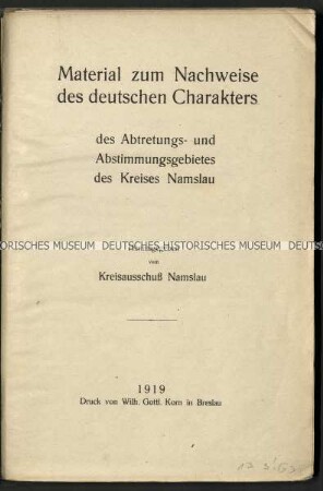 Abhandlung über die Abtretung von Teilen des Kreises Namslau an Polen nach dem Ersten Weltkrieg