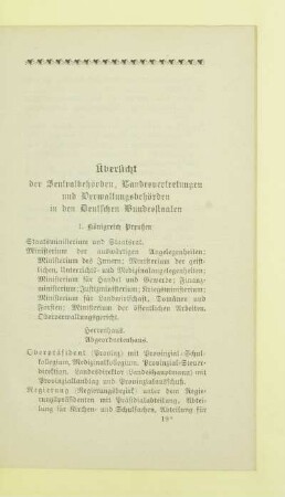 Übersicht der Zentralbehörden, Landesvertretungen und Verwaltungsbehörden in den Deutschen Bundesstaaten