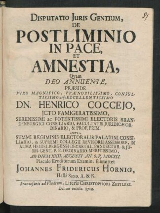 Disputatio Iuris Gentium, De Postliminio In Pace, Et Amnestia