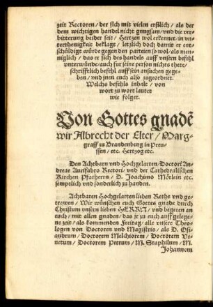 Von Gottes gnaden wir Albrecht der Elter/ Marggraff zu Brandenburg in Preussen/ etc. Hertzog etc.