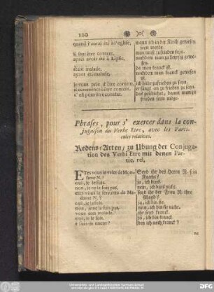 Phrases, pour s'exercer dans la conguation du Verbe Etre, avec les Particules relatives. Redens-Arten, zu Ubung der Conjugation des Verbi Etre mit denen Partic. rel.