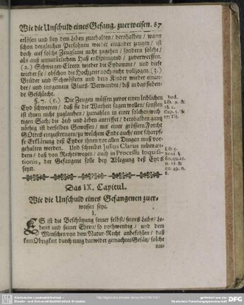 Das IX. Capitul. Wie die Unschuld eines Gefangenen zuerweisen seye