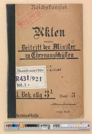 Beitritt von Reichsministern zu Ehrenausschüssen und Schirmherrschaften: Bd. 3