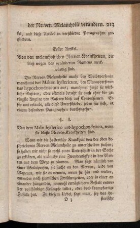 Erster Artikel. Von den melancholischen Nerven_Krankheiten, die bloß wegen des veränderten Namens merkwürdig sind.