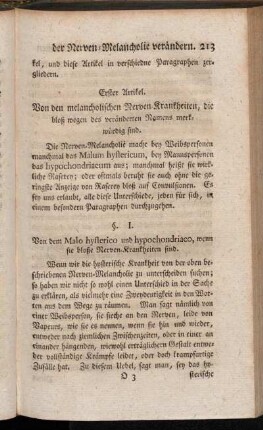 Erster Artikel. Von den melancholischen Nerven_Krankheiten, die bloß wegen des veränderten Namens merkwürdig sind.