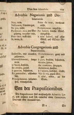 195-206, Von den Praepositionibus.; Von den Conjunctionibus.; Von den Interjectionibus.; Ordnung der Construction.; Anmerkungen darüber.; Eempel der Construction.; Von dem Gebrauch der Temporum.