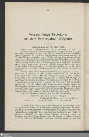 Versammlungs-Protokolle aus dem Vereinsjahre 1908/1909