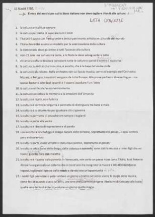 Stichpunkte für die Fernsehsendung "Vieni via con me" - "Lista originale"
