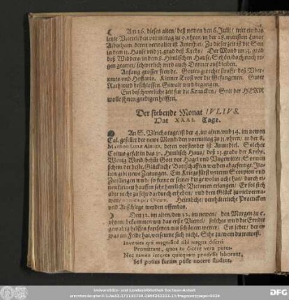 Der siebende Monat Iulius. Hat XXXI. Tage.