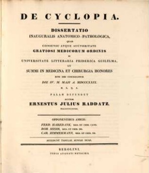 De cyclopia : diss. inaug. anat.-pathol. ; cum tab. aen. II