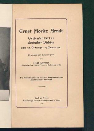 Ernst Moritz Arndt : Gedenkblätter deutscher Dichter ; zum 50. Todestage: 29. Januar 1910