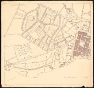 Bebauungsplan der Stadterweiterung, Neuruppin 1. Projekt. Nördliche Hälfte: (von Inv.Nr. 21174): Grund- und Lageplan 1:2500, bestehend aus den Teilplänen H. J. 1123 und 1122, Einmündung Patentweg