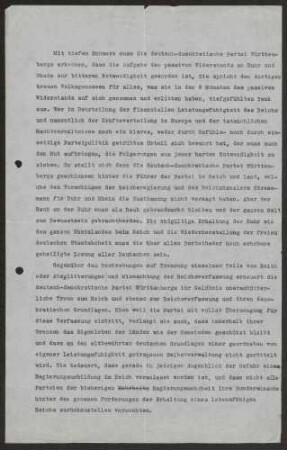 Stellungnahme der DDP zur Aufgabe des passiven Widerstands an Ruhr und Rhein, gezeichnet von Staatspräsident Hieber (mit handschriftlichen Korrekturen Schalls),