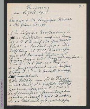 Protokoll Vorstandssitzung Juli 1908