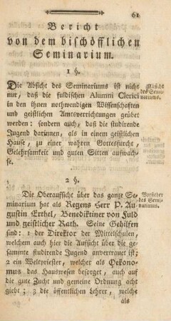 Bericht von dem bischöfflichen Seminarium.